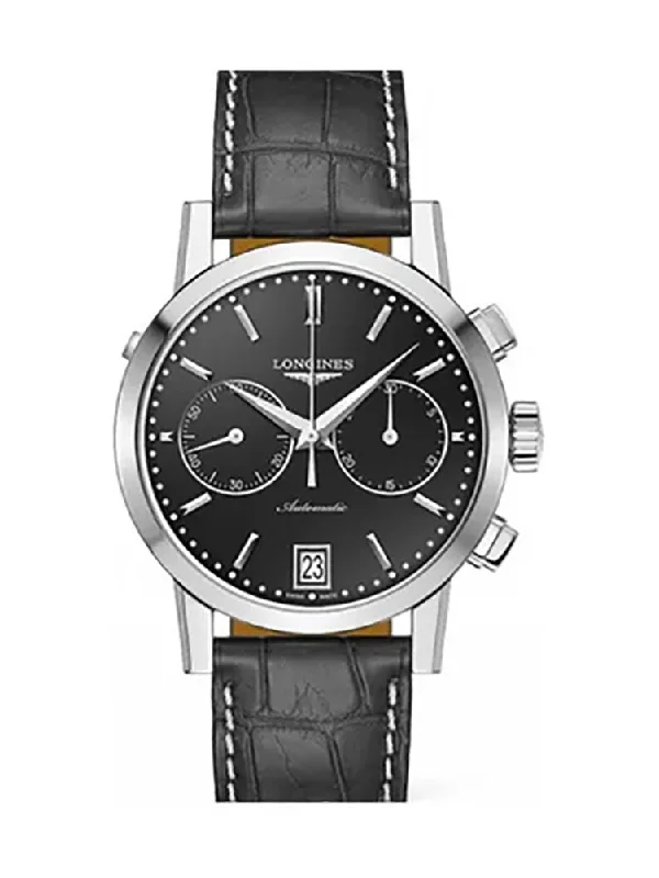 women’s watches with large display for better readability-Longines 1832 Automatic Chronograph Stainless Steel Black Dial Black Leather Strap Date Mens Watch L4.829.4.52.1