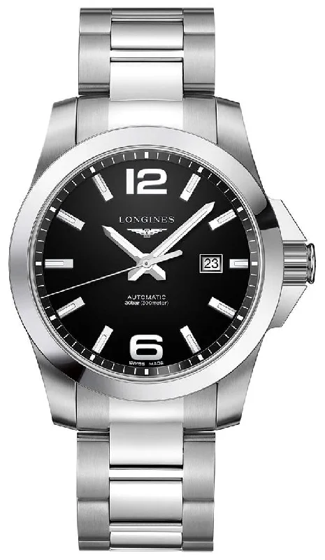 watches with luminous hands for night visibility-Longines Conquest Automatic Stainless Steel Black Dial Date Divers Mens Watch L3.778.4.58.6