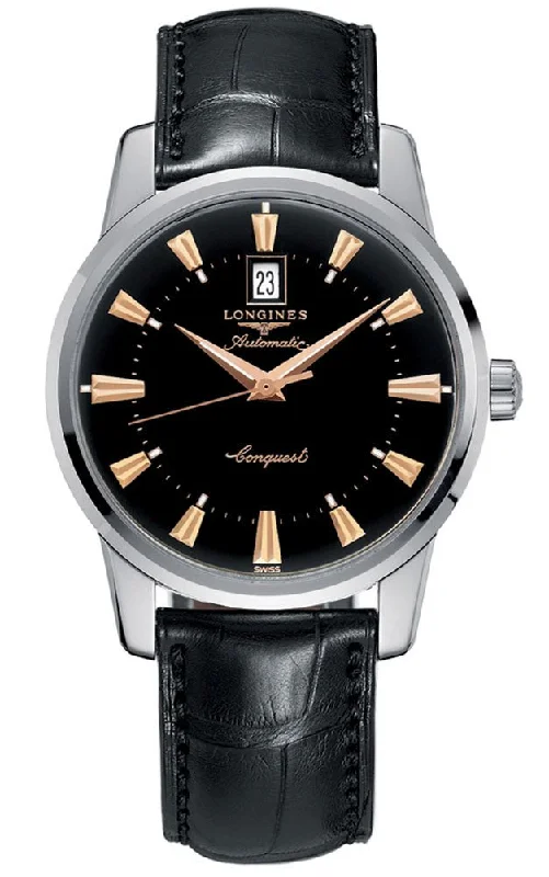 customizable women’s watches with color straps-Longines Conquest Heritage Automatic Stainless Steel Black Dial Black Leather Strap Date Mens Watch L1.645.4.52.4