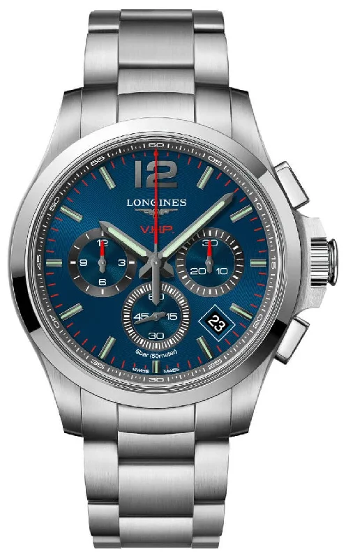 stylish pocket watches for vintage collectors-Longines Conquest V.H.P. Chronograph Stainless Steel Blue Dial Perpetual Calendar Date Quartz Mens Watch L3.717.4.96.6