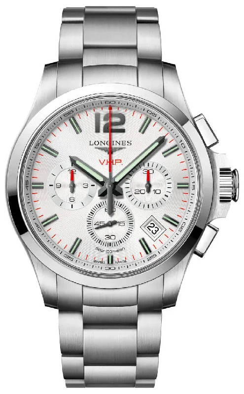 watches with chronograph and date function for precision-Longines Conquest V.H.P. Chronograph Stainless Steel Silver Dial Perpetual Calendar Date Quartz Mens Watch L3.717.4.76.6