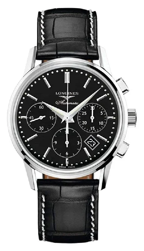 luxury watches with intricate design for collectors-Longines Heritage Automatic Chronograph Stainless Steel Black Dial Black Leather Strap Date Mens Watch L2.749.4.52.0