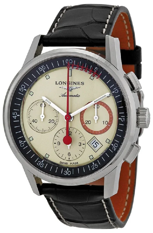 watches with multiple time zone display-Longines Heritage Column Wheel Chronograph Record Automatic Beige Dial Black Leather Men's Watch L4.754.4.72.4