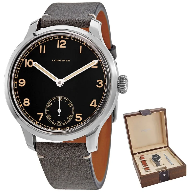 women’s watches with minimalist dial design-Longines Heritage Military 1938 Limited Edition Mechanical Hand-Wind Stainless Steel Black Dial Gray/Brown Interchangeable Leather Strap Mens Watch L2.826.4.53.2