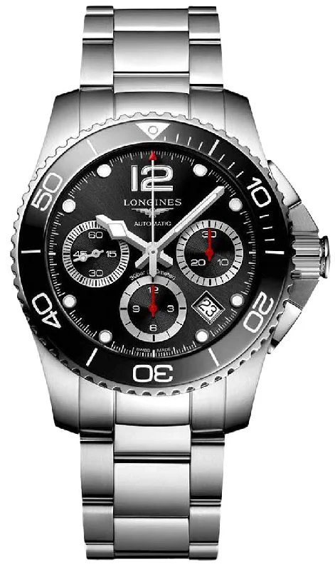 fitness smartwatches with built-in workout modes-Longines HydroConquest Automatic Chronograph Stainless Steel Black Dial Date Divers Mens Watch L3.783.4.56.6