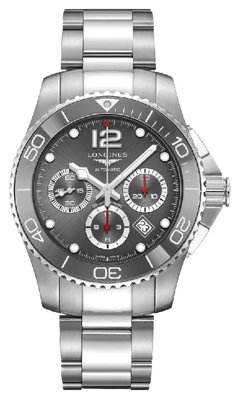 watches with multiple time zone display-Longines HydroConquest Automatic Chronograph Stainless Steel Gray Dial Date Divers Mens Watch L3.883.4.76.6