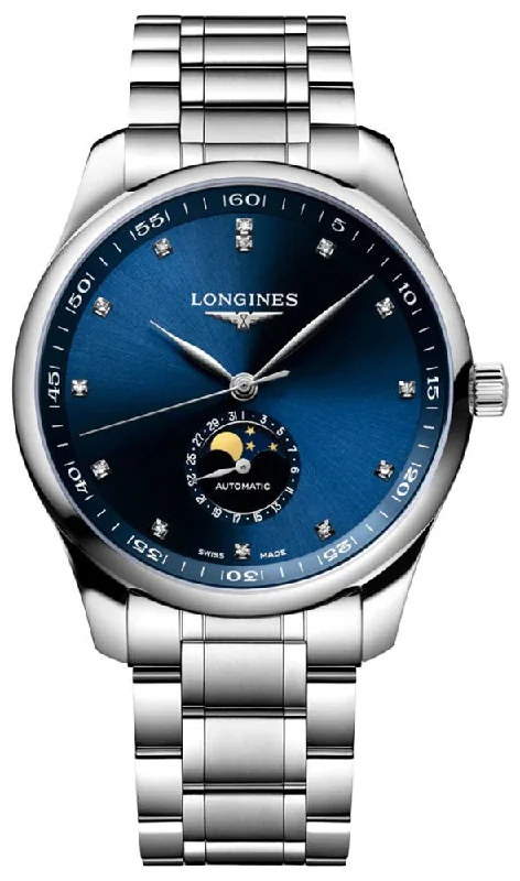 fitness trackers for women with step and calorie counter-Longines Master Collection Automatic Moonphase Date Blue Dial Diamonds Stainless Steel Men's Watch L2.919.4.97.6