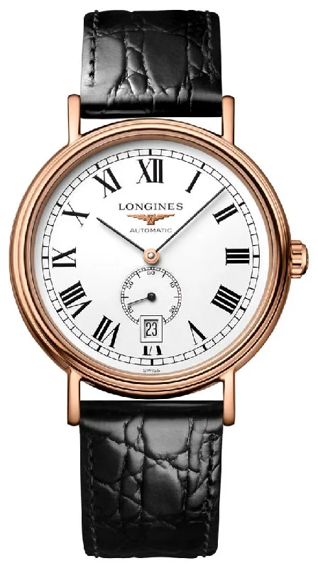 watches with black leather strap for classic look-Longines Presence Automatic Rose Gold PVD White Dial Black Leather Strap Date Mens Watch L4.904.1.11.2