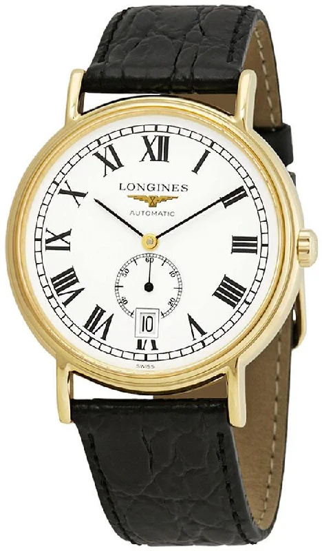 luxury watches for women with sapphire crystal-Longines Presence Automatic Yellow Gold PVD White Dial Black Leather Strap Date Mens Watch L4.805.2.11.2