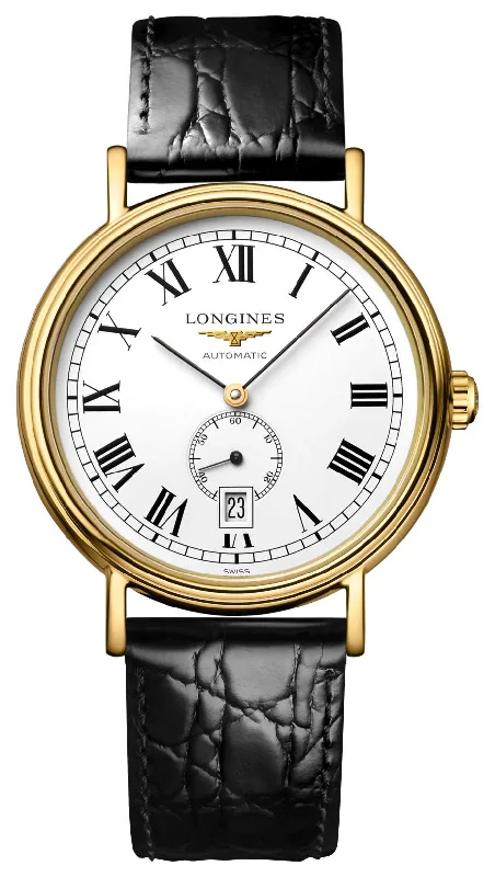 watches for women with large faces for easy reading-Longines Presence Automatic Yellow Gold PVD White Dial Black Leather Strap Date Mens Watch L4.904.2.11.2