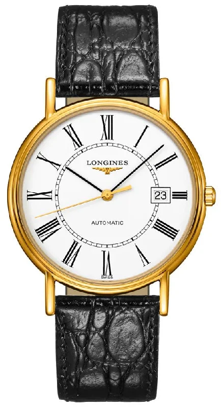 solar-powered watches with eco-conscious design-Longines Presence Automatic Yellow Gold PVD White Dial Black Leather Strap Date Mens Watch L4.921.2.11.2