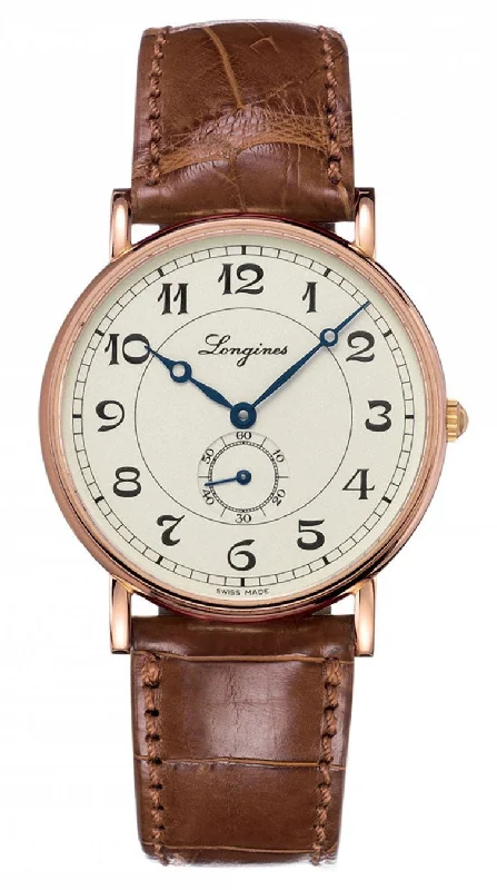 vintage wristwatches for men with mechanical movement-Longines Presence Heritage Automatic 18K Rose Gold Silver Dial Brown Leather Strap Mens Watch L4.785.8.73.2