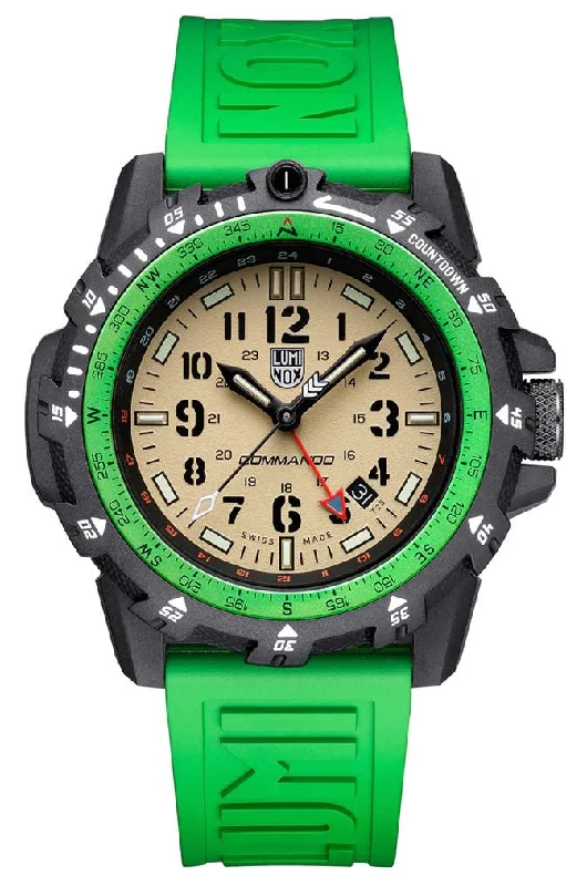 luxury watches with precision quartz movement-Luminox Commando Raider GMT CARBONOX Beige Dial Green Rubber Strap Date Divers Quartz Mens Watch XL.3337