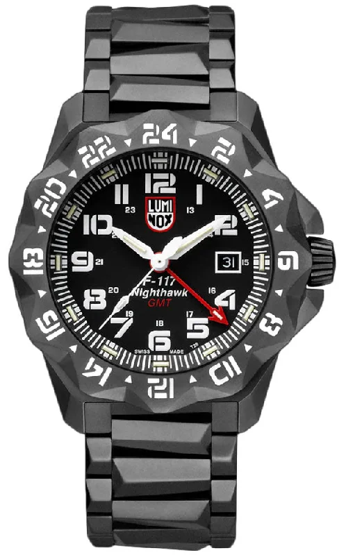 best watches for hiking with GPS and altimeter-Luminox F-117 Nighthawk GMT Gunmetal PVD Black Dial Date Divers Quartz Mens Watch XA.6422