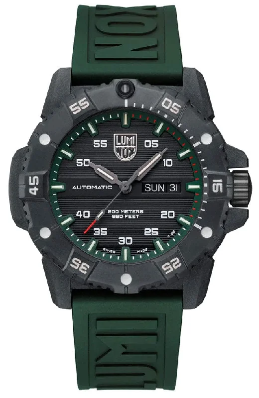 watches for extreme sports with shockproof design-Luminox Master Carbon SEAL Automatic CARBONOX+ Black Dial Green Rubber Strap Day/Date Divers Mens Watch XS.3877