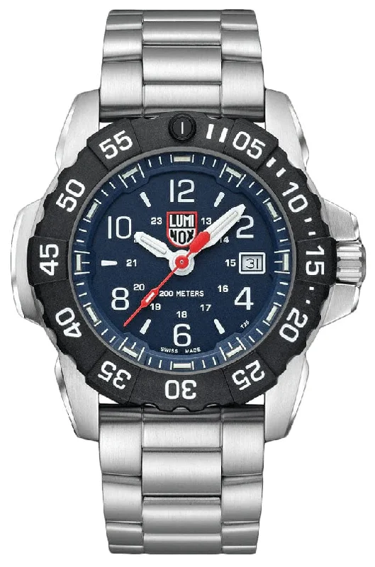 watches with high water resistance for swimming and diving-Luminox Navy SEAL RSC Stainless Steel Blue Dial Date Divers Quartz Mens Watch XS.3254.CB