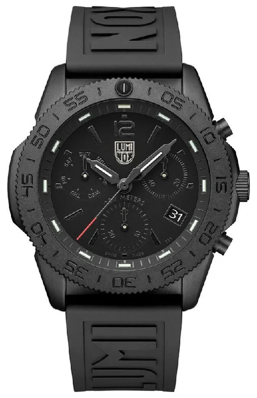 watches with ceramic case for scratch resistance-Luminox Pacific Diver Chronograph Black PVD Black Dial Black Rubber Strap Day/Date Divers Quartz Mens Watch XS.3141.BO