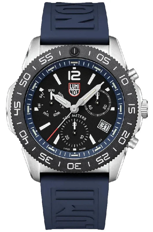 fitness watches with GPS and route tracking-Luminox Pacific Diver Chronograph Stainless Steel Black Dial Blue Rubber Strap Day/Date Divers Quartz Mens Watch XS.3143