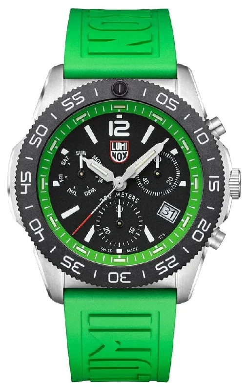 affordable women’s watches with leather strap-Luminox Pacific Diver Chronograph Stainless Steel Black Dial Green Rubber Strap Day/Date Divers Quartz Mens Watch XS.3157.NF