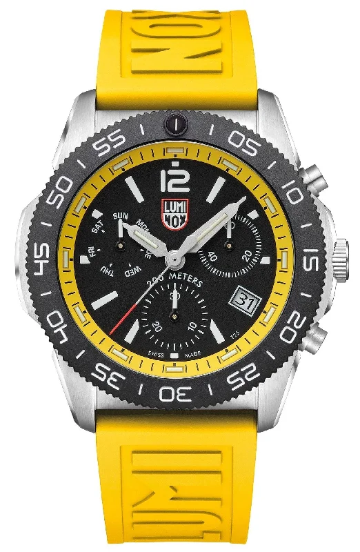 best smartwatch for seniors with fall detection-Luminox Pacific Diver Chronograph Stainless Steel Black Dial Yellow Rubber Strap Day/Date Divers Quartz Mens Watch XS.3145