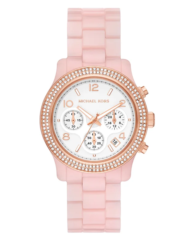 luxury watches with gold plating and unique design-Michael Kors Runway Chronograph Blush Acetate Watch - MK7424 - 787748