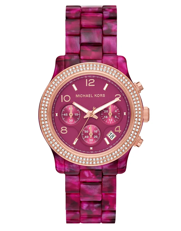 affordable women’s watches with leather strap-Michael Kors Runway Chronograph Fuchsia Tort Acetate Watch - MK7425 - 787749