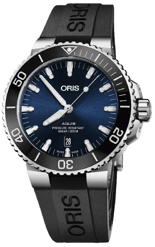 waterproof men’s watches with deep sea rating-Oris Aquis Automatic Stainless Steel Blue Dial Black Rubber Strap Date Divers Mens Watch 733 7730 4135-07 4 24 64EB