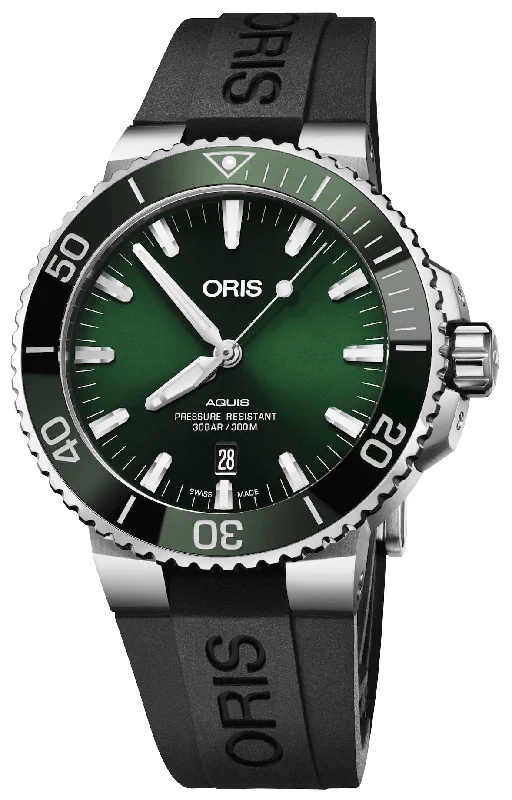 watches with built-in GPS for runners and hikers-Oris Aquis Automatic Stainless Steel Green Dial Black Rubber Strap Date Divers Mens Watch 733 7730 4157-07 4 24 64EB