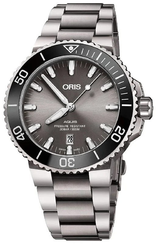 smartwatches with built-in fall detection for safety-Oris Aquis Automatic Titanium Grey Dial Date Divers Mens Watch 733 7730 7153-MB