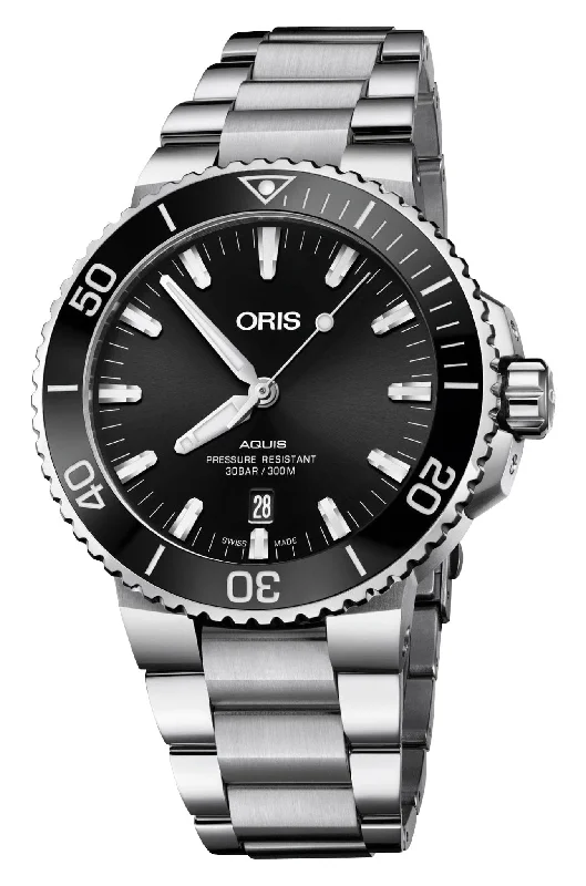 fitness watches with GPS and route tracking-Oris Aquis Date Automatic Stainless Steel Black Dial Divers Mens Watch 733 7730 4134-07 8 24 05PEB