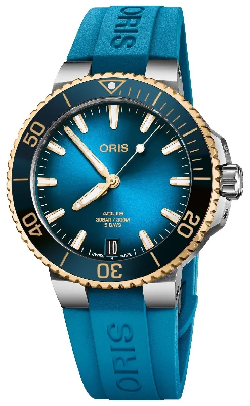 watches for men with black metal bracelet for edgy style-Oris Aquis Date Automatic Stainless Steel Blue Dial Blue Rubber Strap Divers Mens Watch 400 7769 6355-07 4 22 75FC