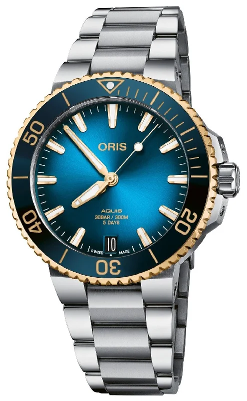 waterproof smartwatches for swimmers with heart rate sensor-Oris Aquis Date Automatic Stainless Steel Blue Dial Divers Mens Watch 400 7769 6355-07 8 22 09PEB