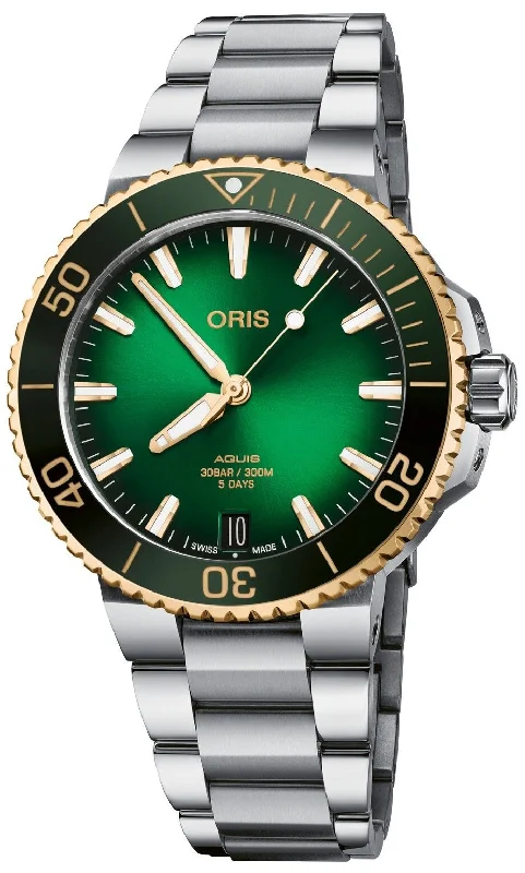 watches with digital display for easy time reading-Oris Aquis Date Automatic Stainless Steel Green Dial Divers Mens Watch 400 7769 6357-07 8 22 09PEB