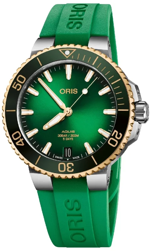 high-quality leather band watches with minimalistic design-Oris Aquis Date Automatic Stainless Steel Green Dial Green Rubber Strap Divers Mens Watch 400 7769 6357-07 4 22 77FC