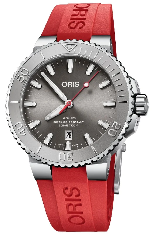 smartwatch with fitness tracking for outdoor adventures-Oris Aquis Relief Automatic Stainless Steel Gray Dial Red Rubber Strap Date Divers Mens Watch 733 7730 4153-07 4 24 66EB