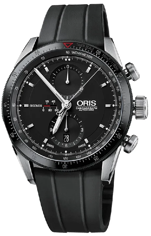 waterproof watches with multi-functional features for divers-Oris Artix GT Automatic Chronograph Stainless Steel Black Dial Black Rubber Strap Date Mens Watch 582 7658 4034-07 8 23 82