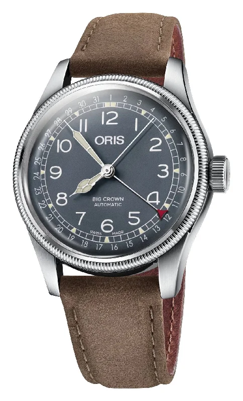 vintage men’s watches with automatic movement-Oris Big Crown Pointer Date Automatic Stainless Steel Blue Dial Brown Leather Strap Mens Watch 754 7741 4065-07 5 20 63