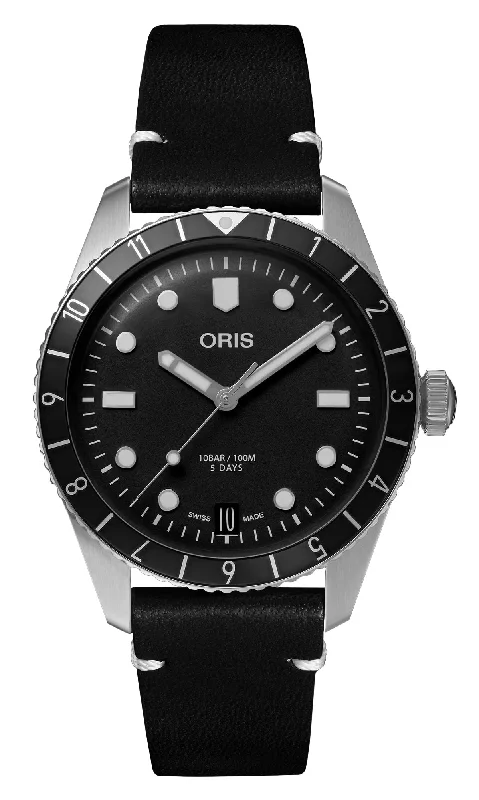 luxury watches for men with rare designs-Oris Divers Sixty-Five 12H Automatic Stainless Steel Black Dial Black Leather Strap Date Mens Watch 400 7772 4054-07 5 20 82