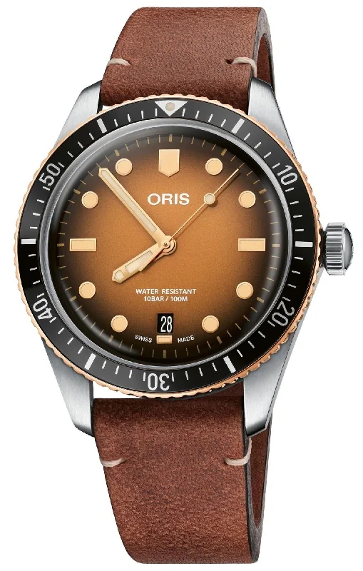 watches with dual time zone and chronograph features-Oris Divers Sixty-Five Automatic Bronze Brown Dial Brown Leather Strap Date Mens Watch 733 7707 4356-07 5 20 45