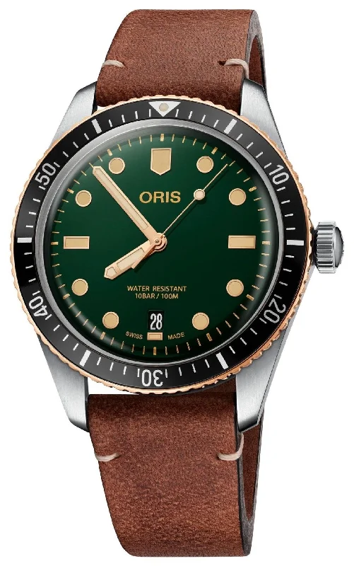 solar watches with long battery life for outdoor enthusiasts-Oris Divers Sixty-Five Automatic Stainless Steel & Bronze Green Dial Brown Leather Strap Date Mens Watch 733 7707 4357-07 5 20 45