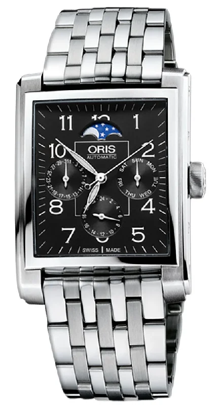 watches for outdoor sports with built-in altimeter and barometer-Oris Rectangular Complication Automatic Stainless Steel Black Dial Moonphase Dual Timezone Day/Date Mens Watch 582 7658 4034-07 8 23 82