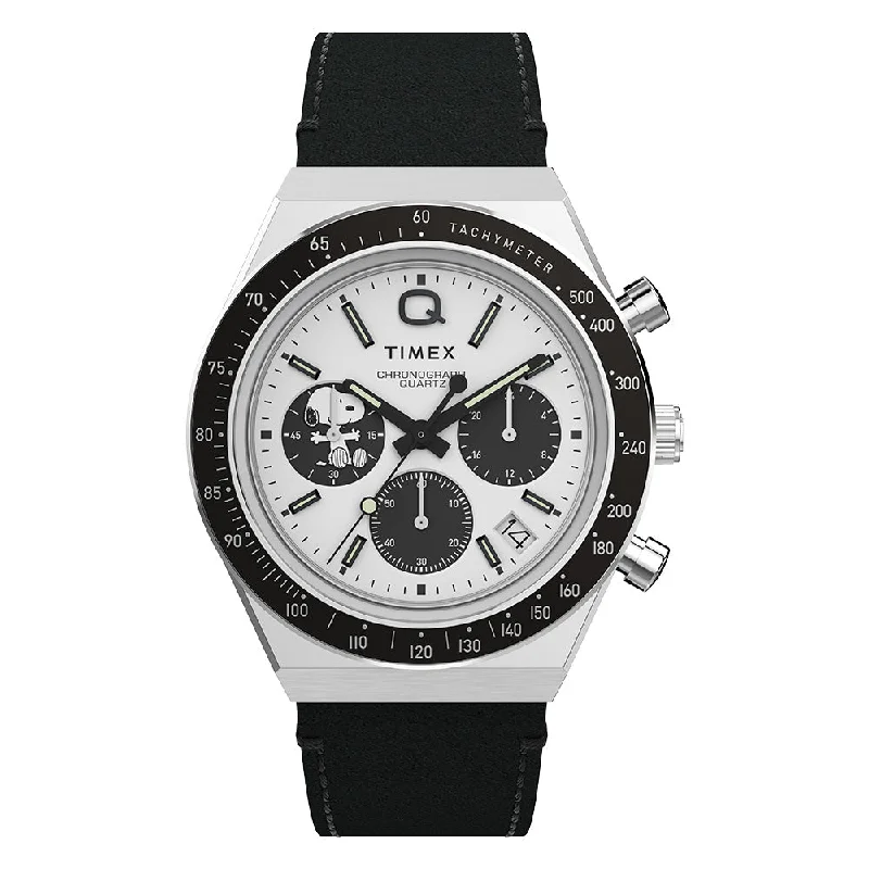 affordable women’s watches with leather strap-Q Timex x Peanuts Chronograph 40mm Leather Band