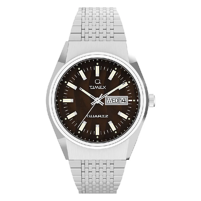 watches for men with titanium case for lightweight wear-Q Timex Day-Date 38mm Stainless Steel Band