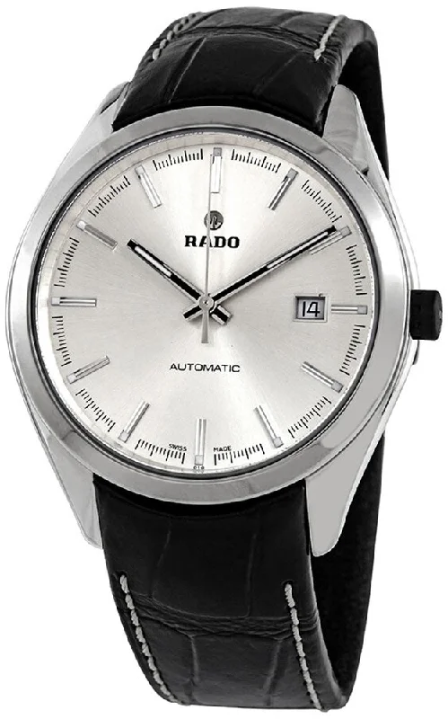 affordable sports watches for women-Rado HyperChrome Ceramic Mens Watch R32272105 Black Leather Strap Silver Dial Automatic