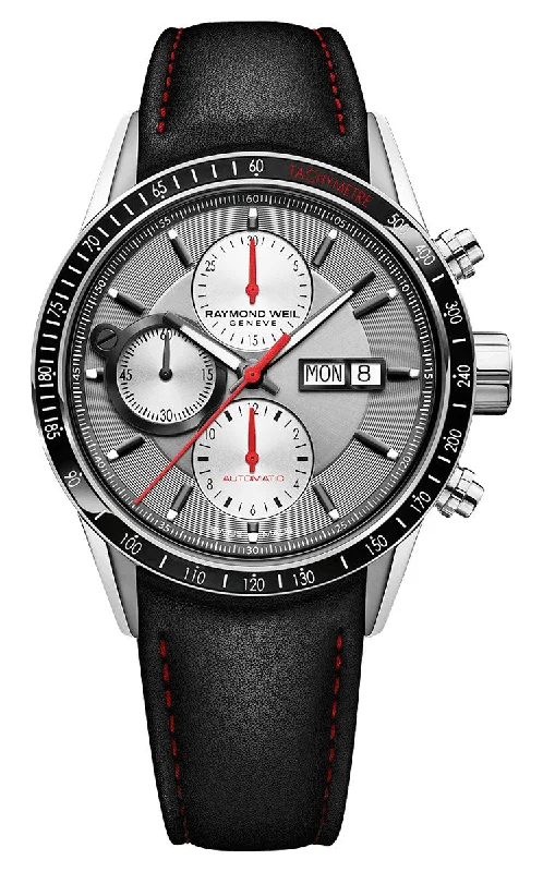 watches with dual time zone and chronograph features-Raymond Weil Freelancer Automatic Chronograph Stainless Steel Grey Dial Black Leather Strap Day/Date Mens Watch 7731-SC1-65421