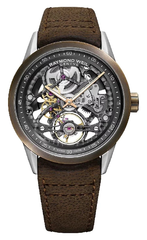 watches for men with silicone strap for comfort and durability-Raymond Weil Freelancer Automatic Stainless Steel and Bronze Gray Skeleton Dial Brown Leather Strap Mens Watch 2785-SBC-60000