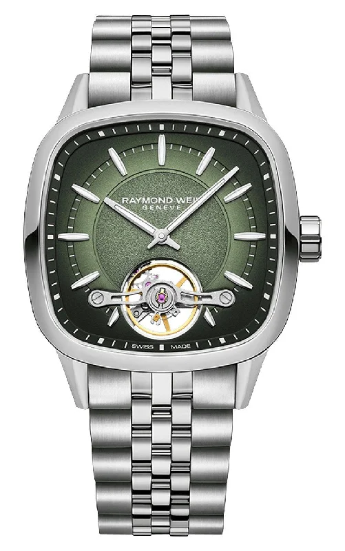 best watches for women with interchangeable leather bands-Raymond Weil Freelancer Automatic Stainless Steel Square Green Dial Mens Watch 2790-ST-52051