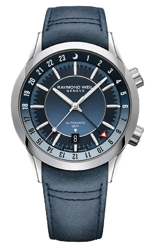 watches with interchangeable faces and straps for versatility-Raymond Weil Freelancer GMT Automatic Stainless Steel Blue Dial Blue Leather Strap Date Mens Watch 2761-STC-50001