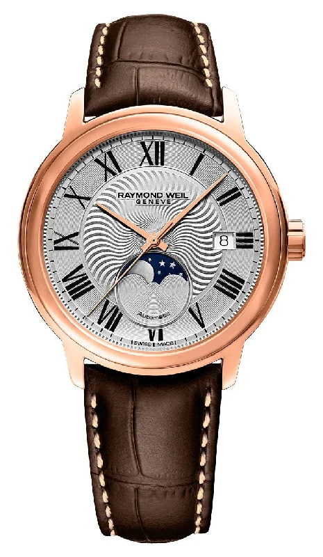 solar-powered watches for men with eco-friendly features-Raymond Weil Maestro Automatic Rose Gold PVD Silver Dial Brown Leather Strap Moonphase Date Mens Watch 2239-PC5-00659