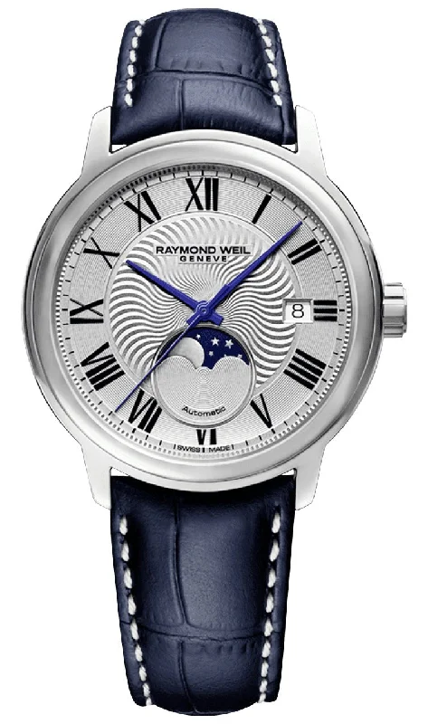 best watches for casual work attire and everyday wear-Raymond Weil Maestro Automatic Stainless Steel Silver Dial Blue Leather Strap Moonphase Date Mens Watch 2239-STC-00659